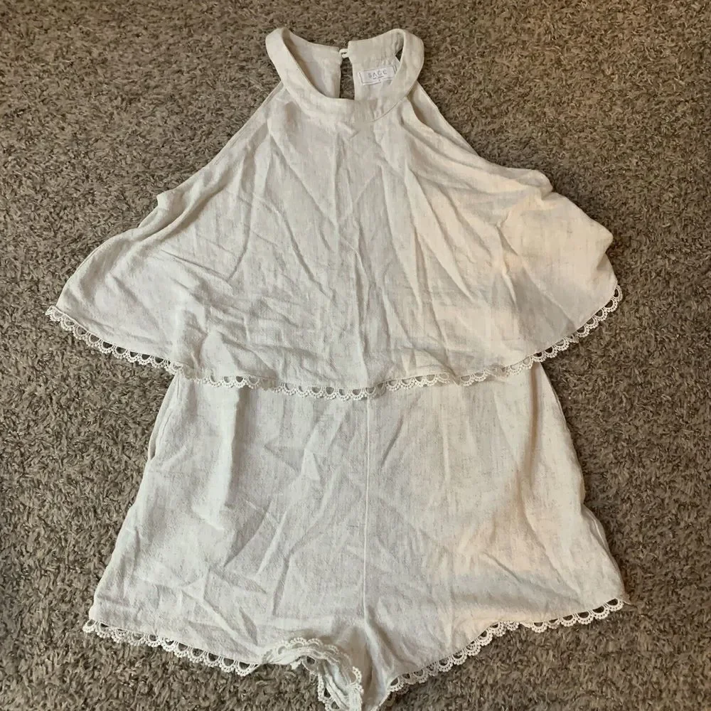 Sage The Label Women Sz S Sleeveless Romper Linen Layered Look High Neck Pockets - Picture 4 of 7
